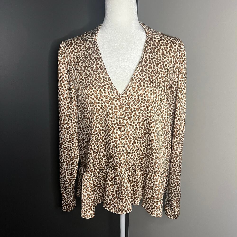 NWT Emme Marella Woman’s Brown White Print Long Sleeve V Neck Blouse- Size 46/10